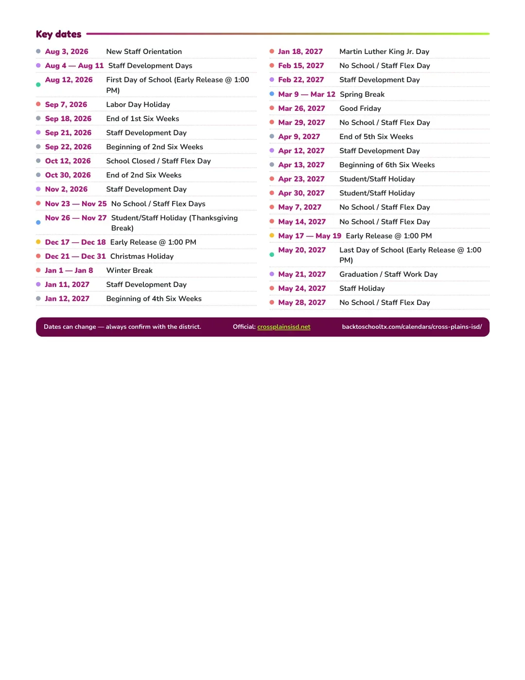 Cross Plains ISD Calendar for the Year 26-27 — key dates