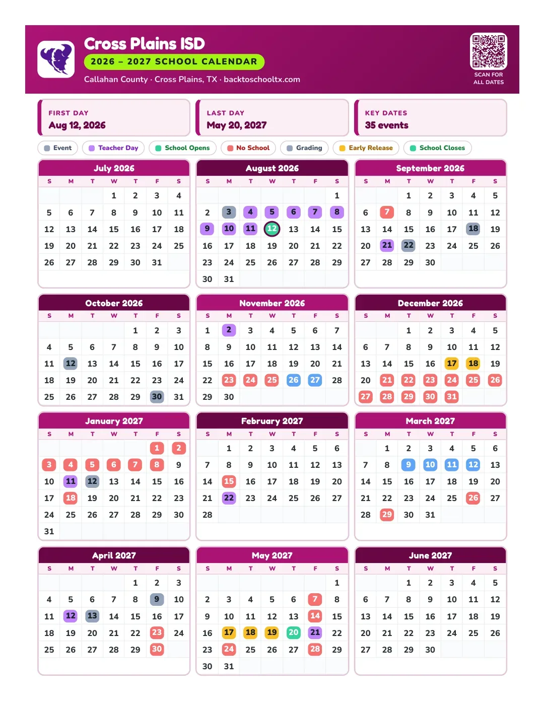 Cross Plains ISD Calendar for the Year 26-27