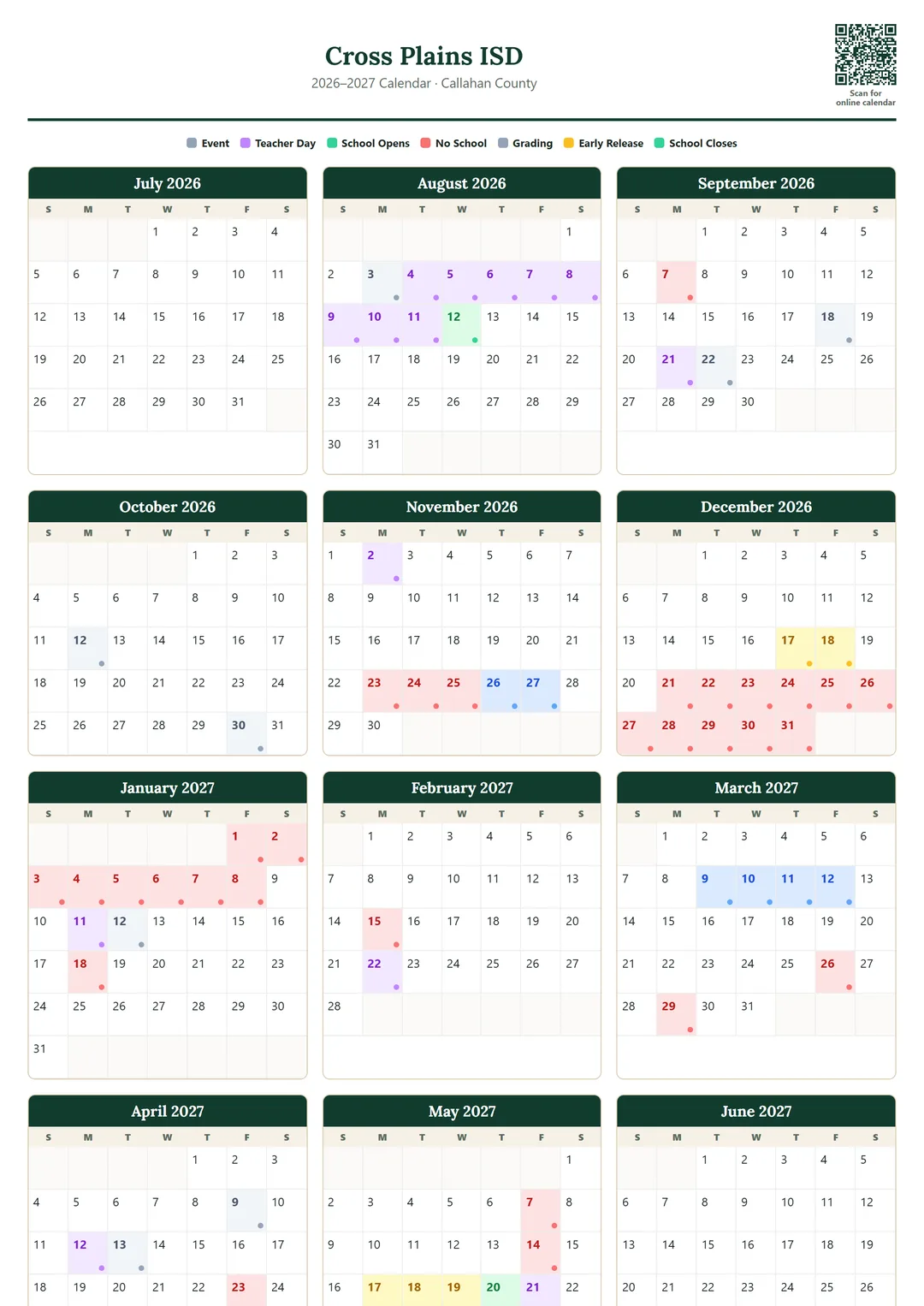 Cross Plains ISD printable 2026–2027 calendar