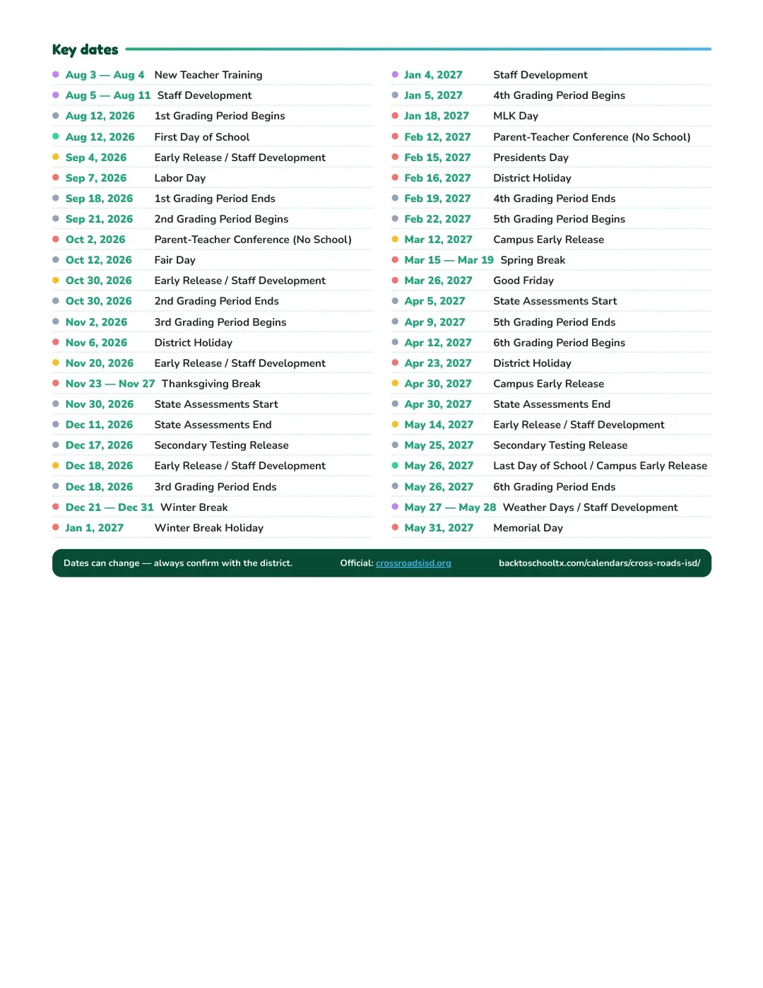 Cross Roads ISD Calendar for the Year 26-27 — key dates