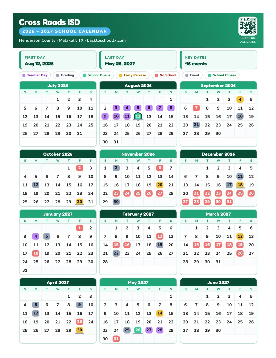 Cross Roads ISD Calendar for the Year 26-27