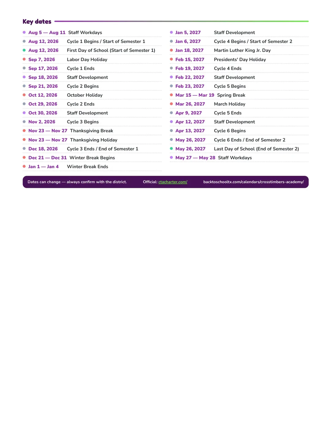 Crosstimbers Academy Calendar for the Year 26-27 — key dates