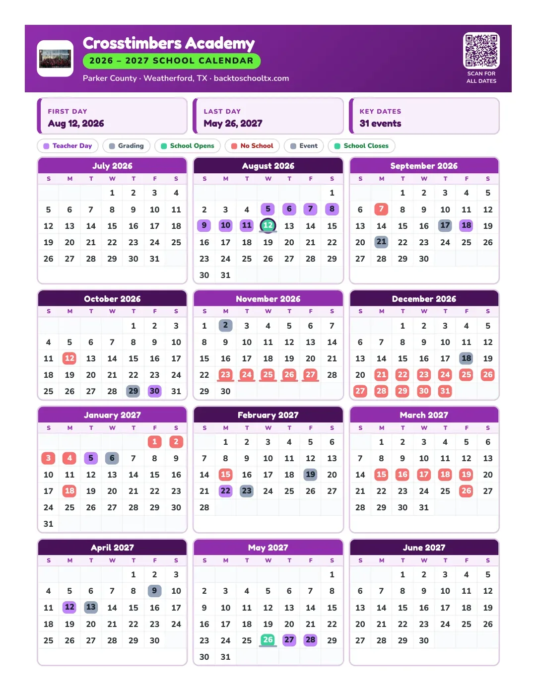 Crosstimbers Academy Calendar for the Year 26-27