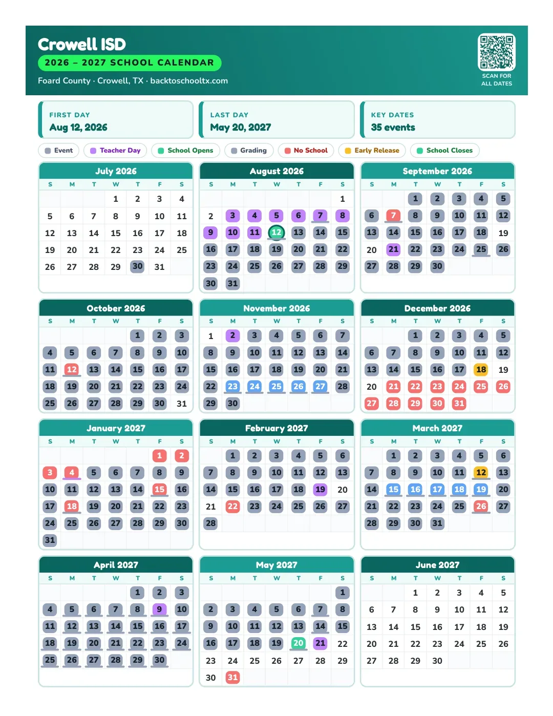 Crowell ISD Calendar for the Year 26-27