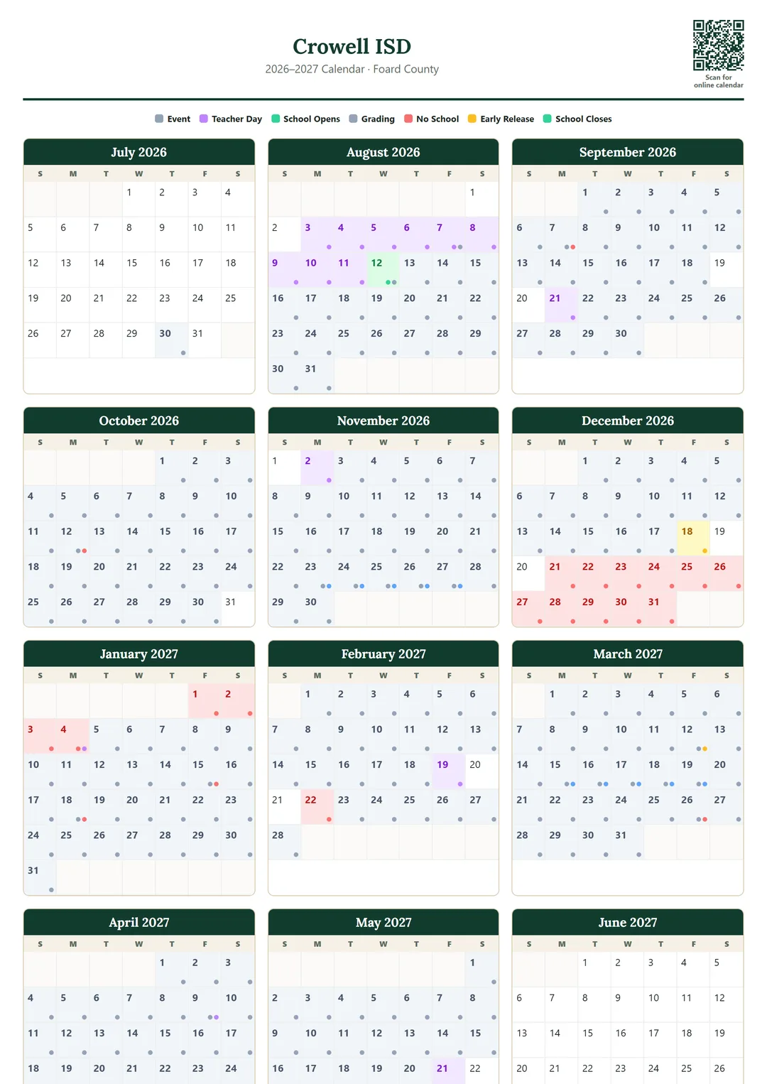 Crowell ISD printable 2026–2027 calendar
