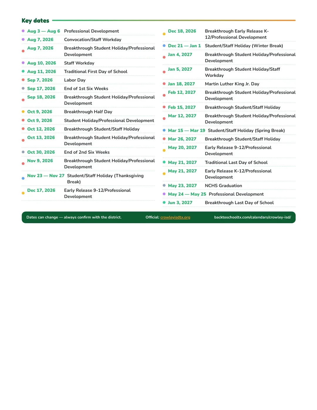 Crowley ISD Calendar for the Year 26-27 — key dates