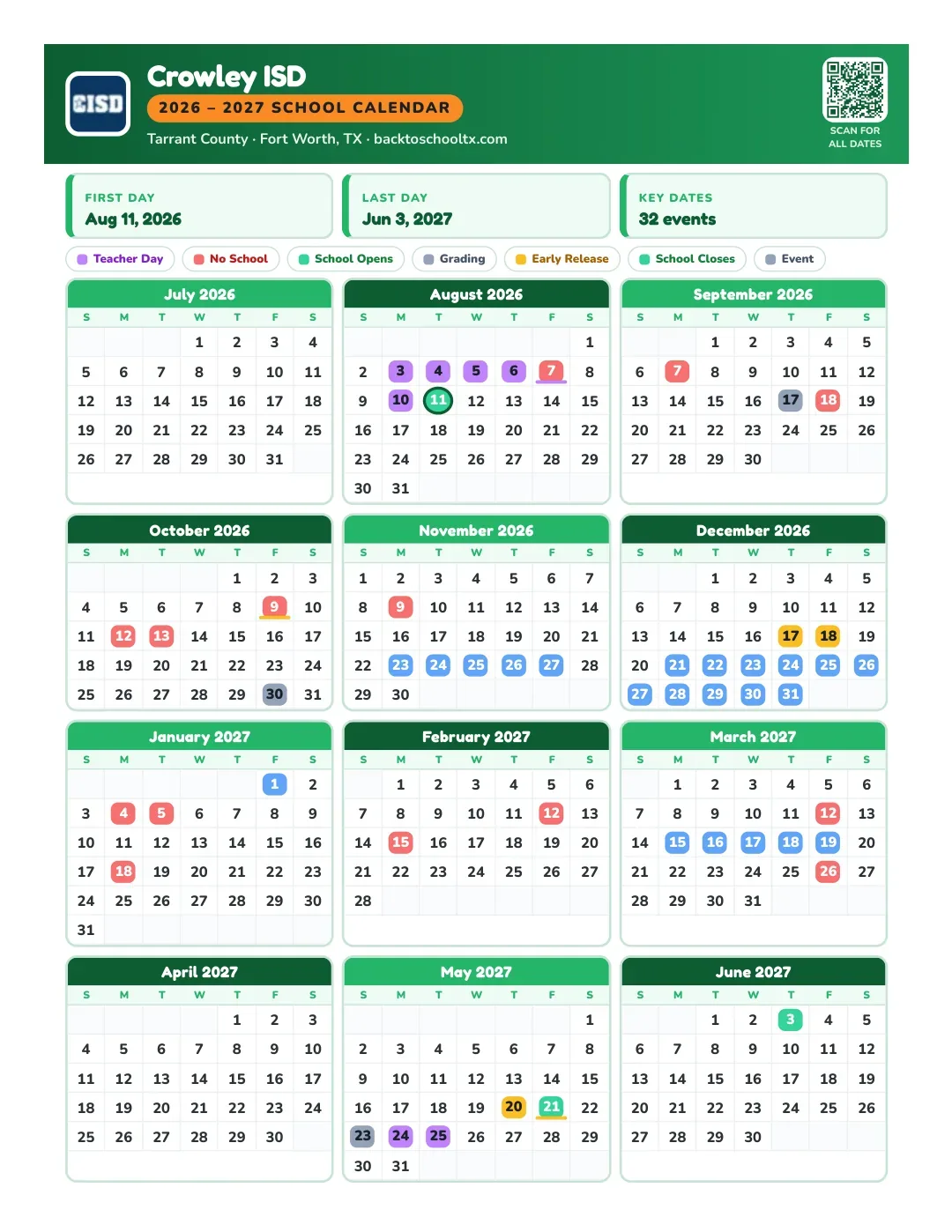 Crowley ISD Calendar for the Year 26-27