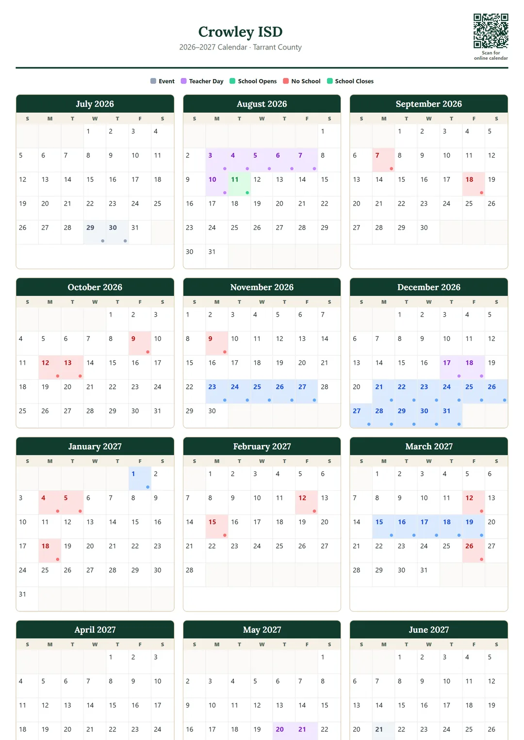 Crowley ISD printable 2026–2027 calendar
