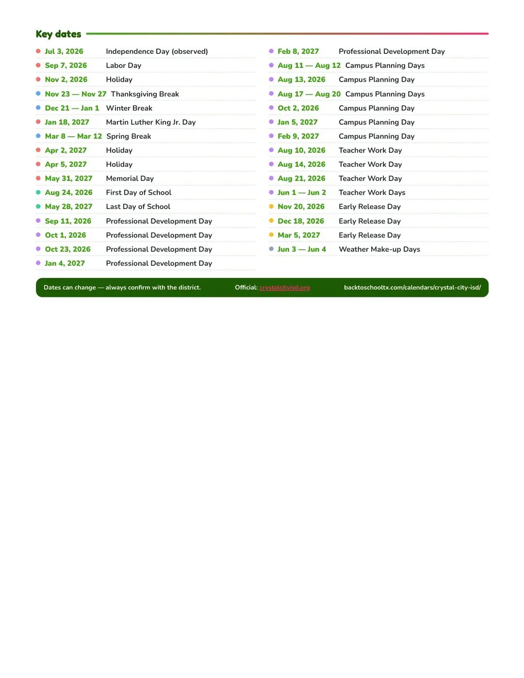 Crystal City ISD Calendar for the Year 26-27 — key dates