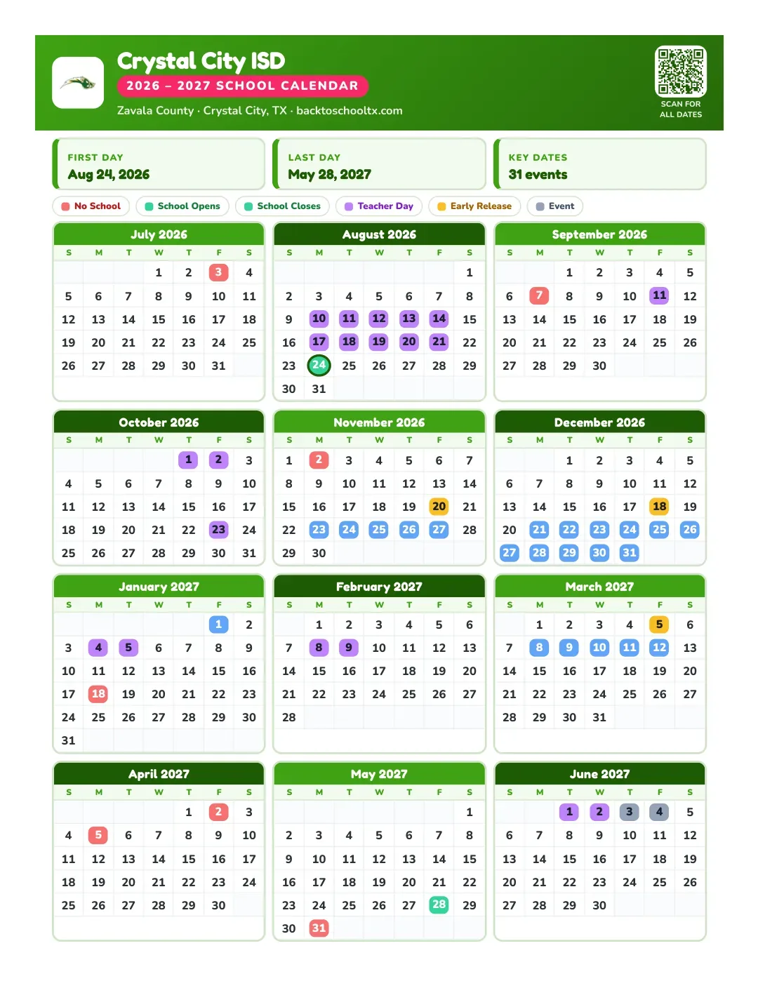 Crystal City ISD Calendar for the Year 26-27