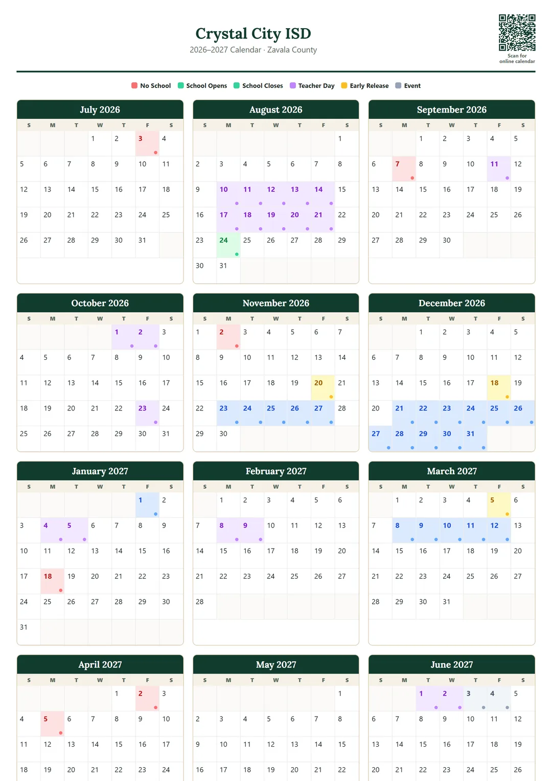 Crystal City ISD printable 2026–2027 calendar