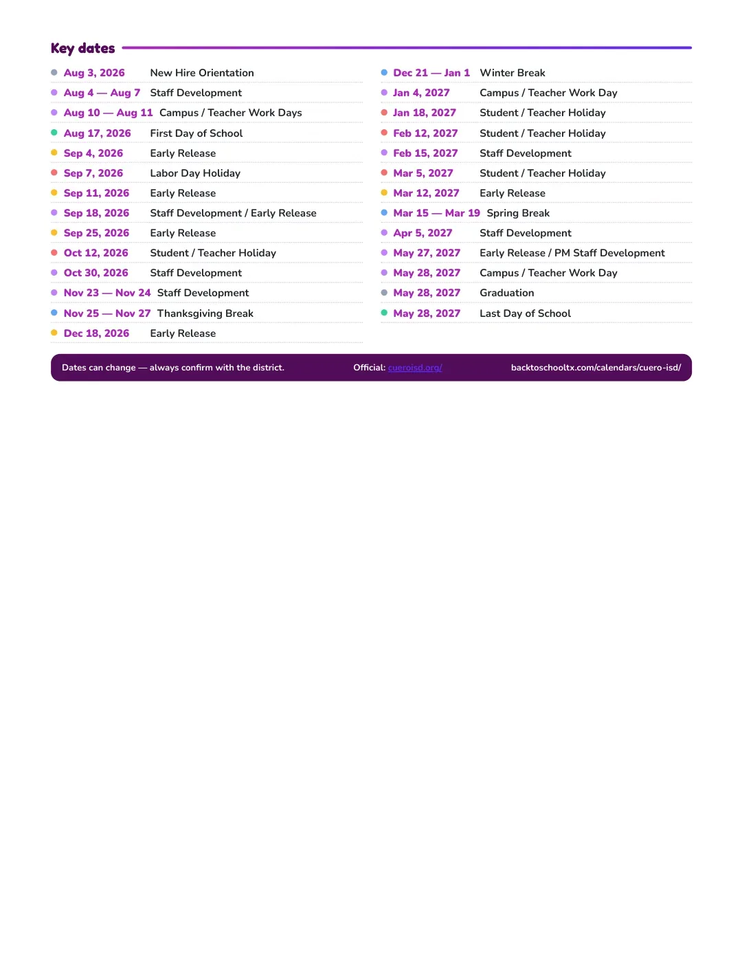 Cuero ISD Calendar for the Year 26-27 — key dates