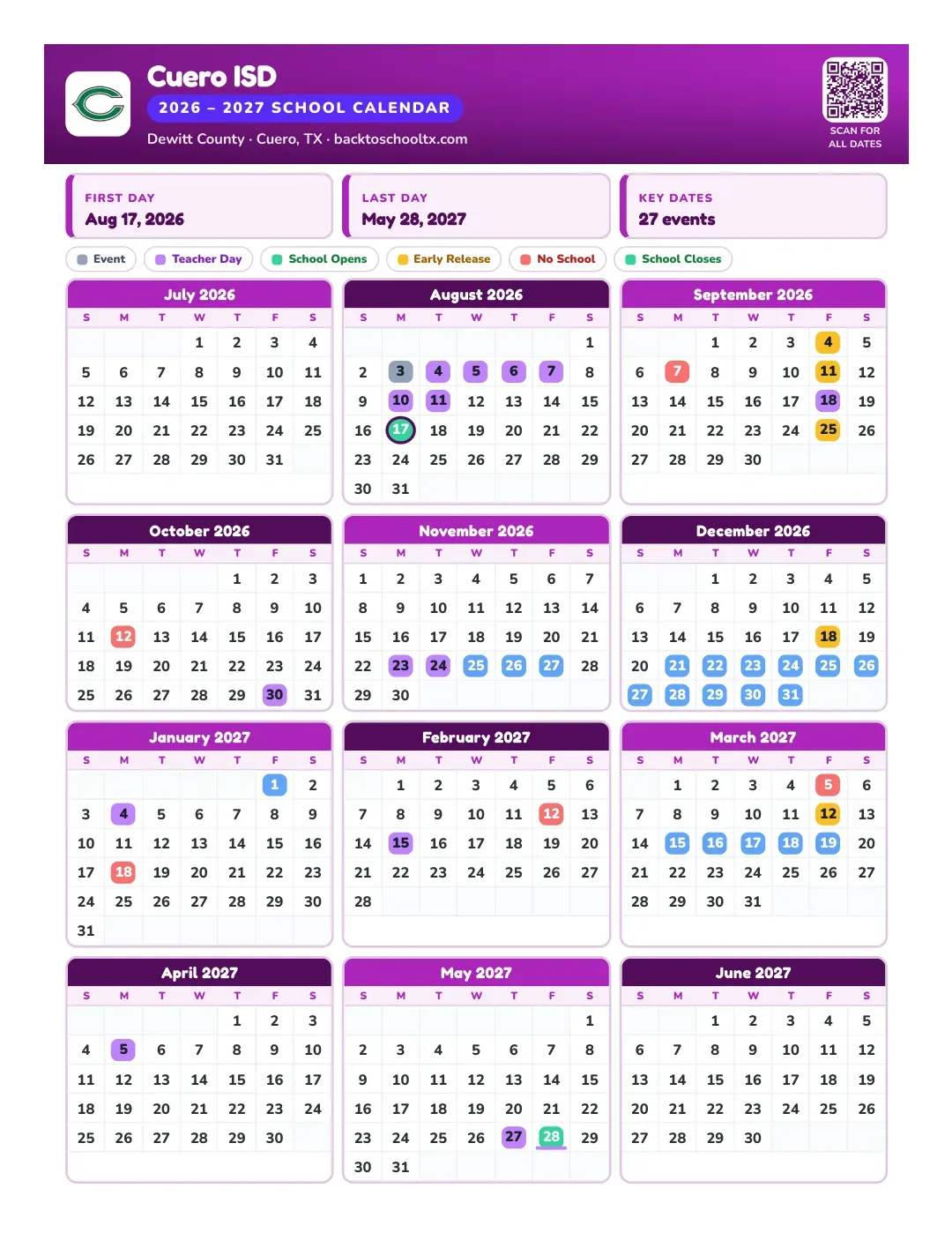 Cuero ISD Calendar for the Year 26-27