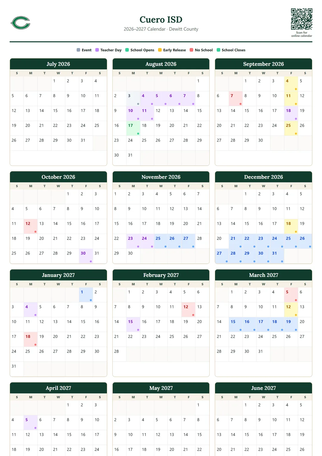 Cuero ISD printable 2026–2027 calendar