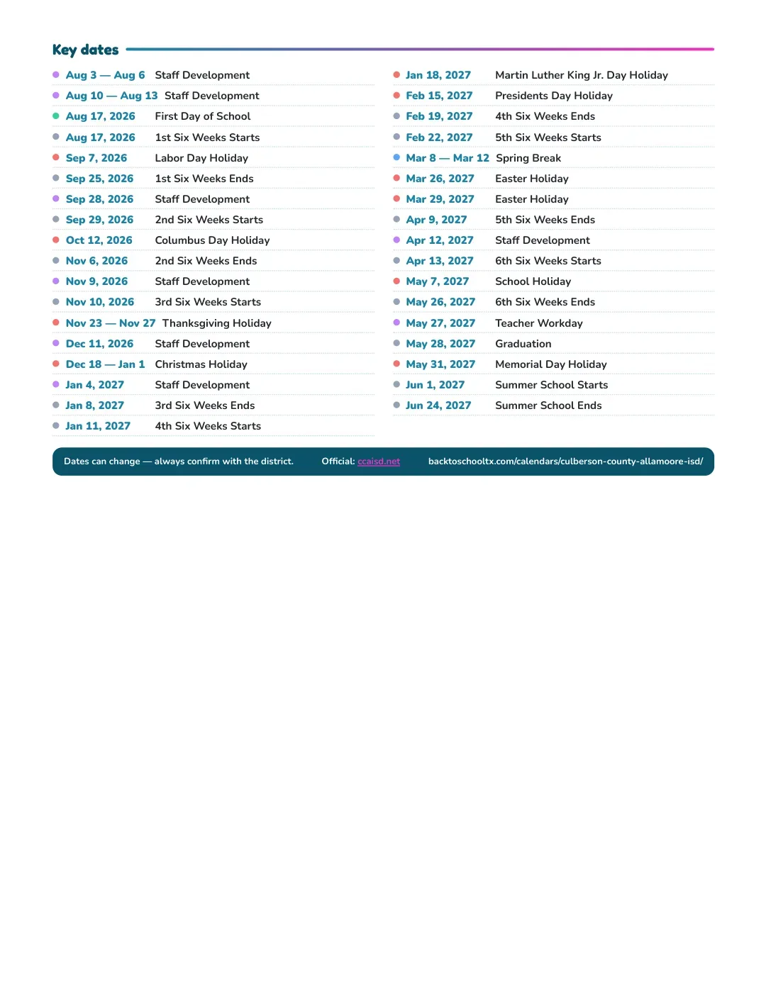 Culberson County-allamoore ISD Calendar for the Year 26-27 — key dates