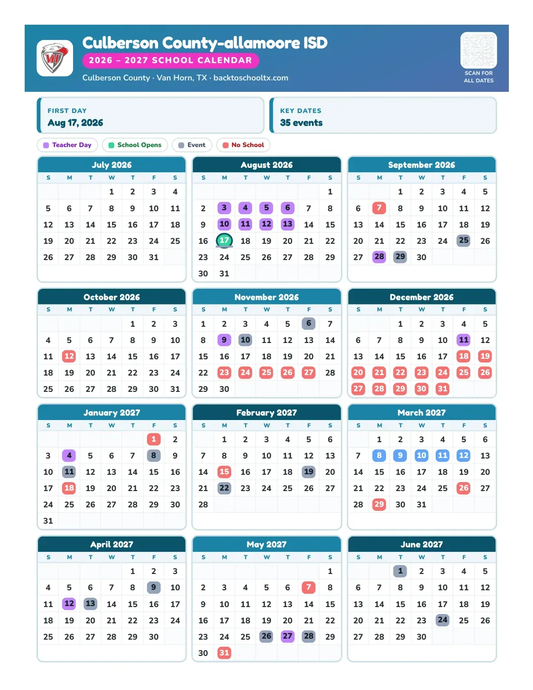 Culberson County-allamoore ISD Calendar for the Year 26-27