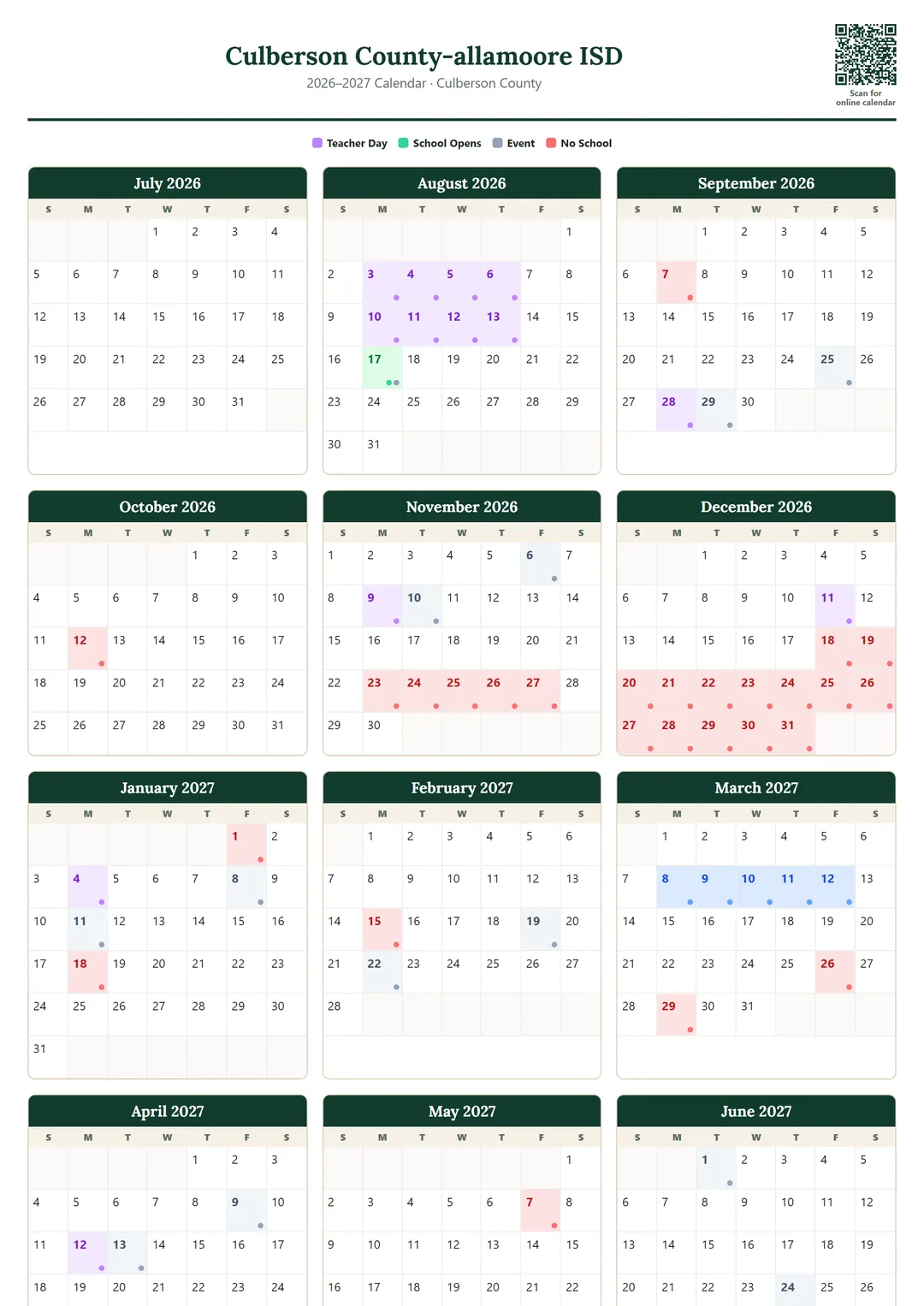 Culberson County-allamoore ISD printable 2026–2027 calendar