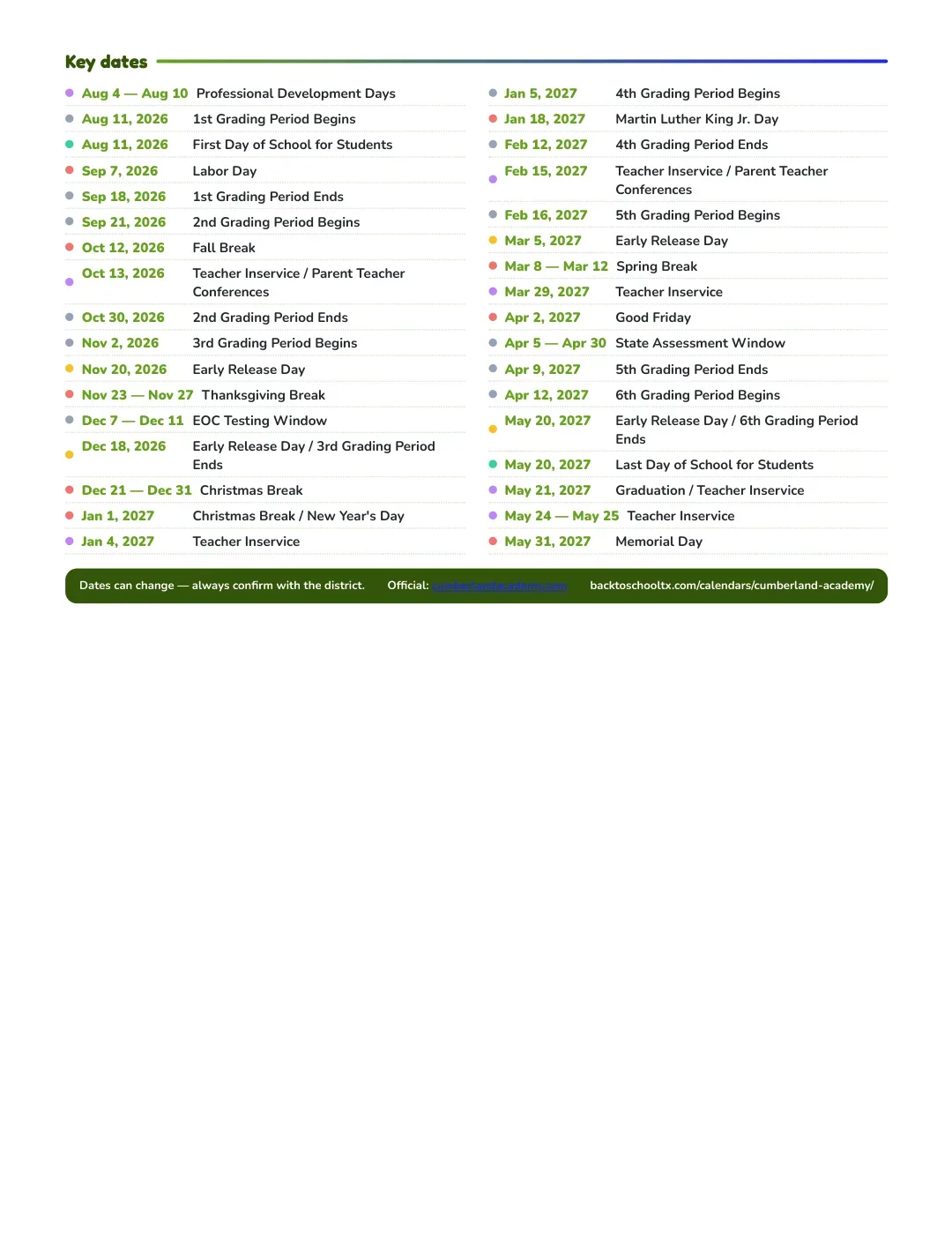 Cumberland Academy Calendar for the Year 26-27 — key dates