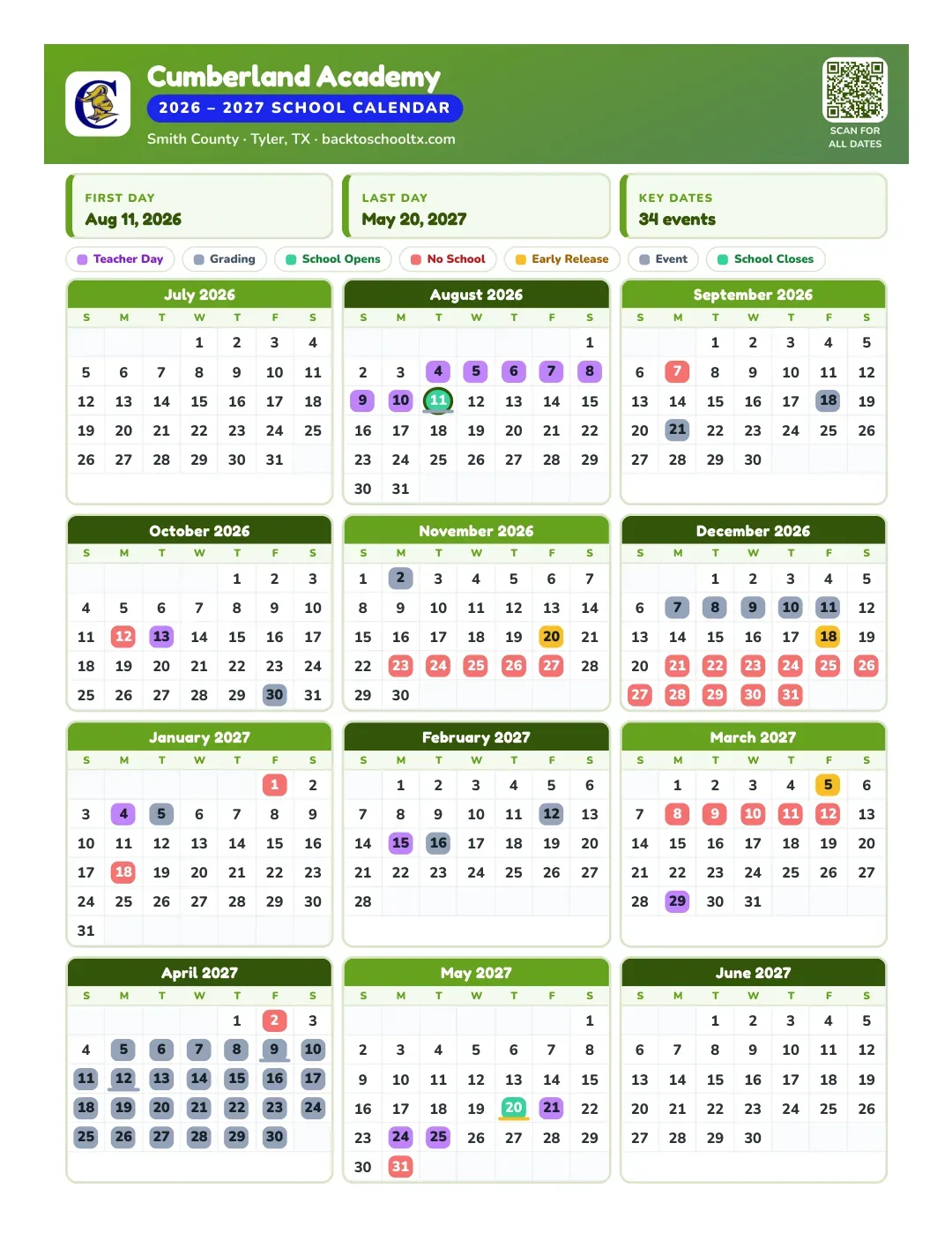 Cumberland Academy Calendar for the Year 26-27