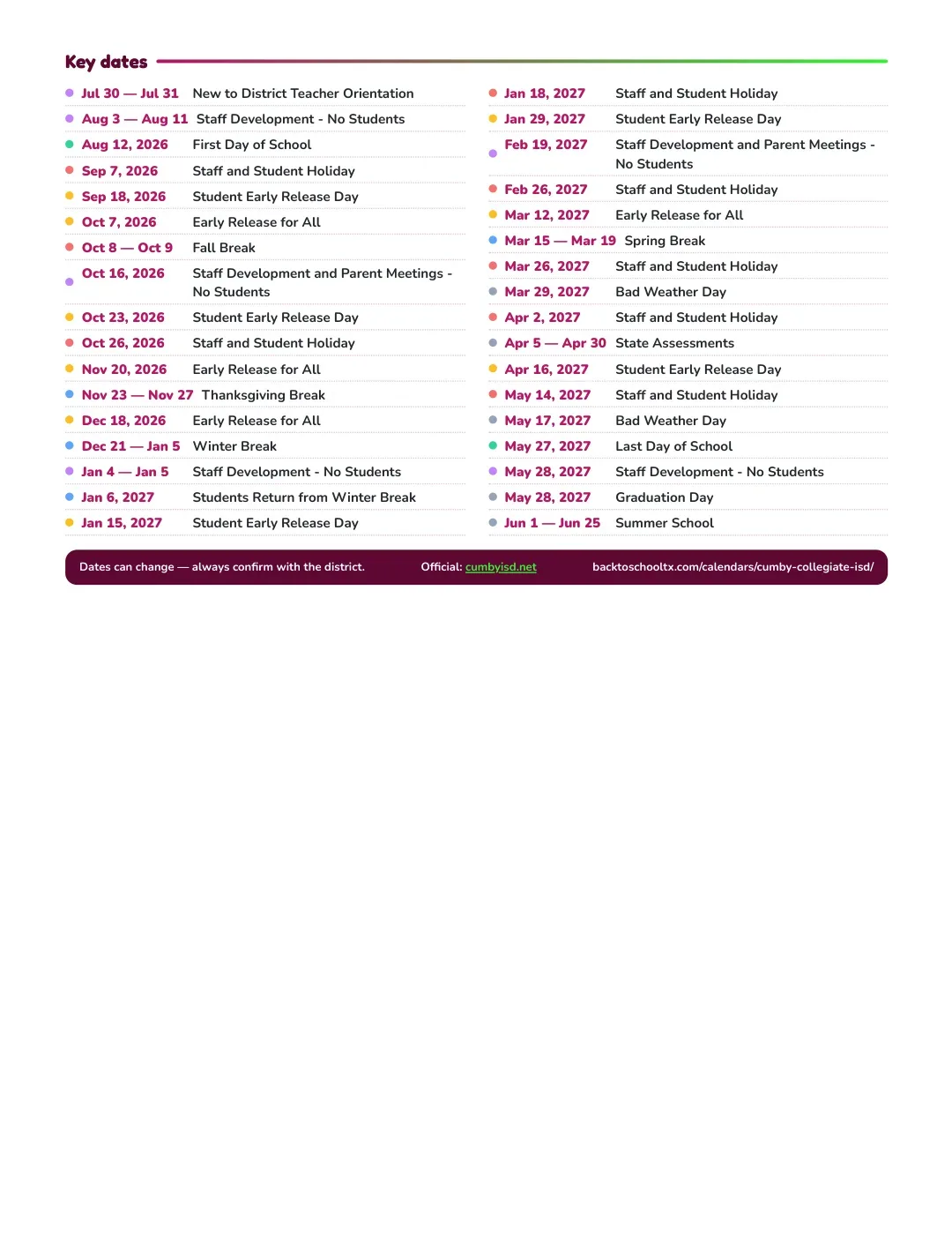 Cumby Collegiate ISD Calendar for the Year 26-27 — key dates