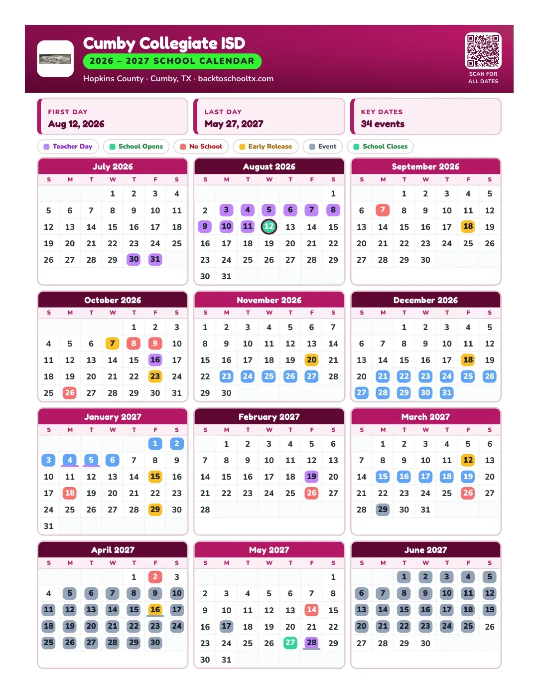 Cumby Collegiate ISD Calendar for the Year 26-27