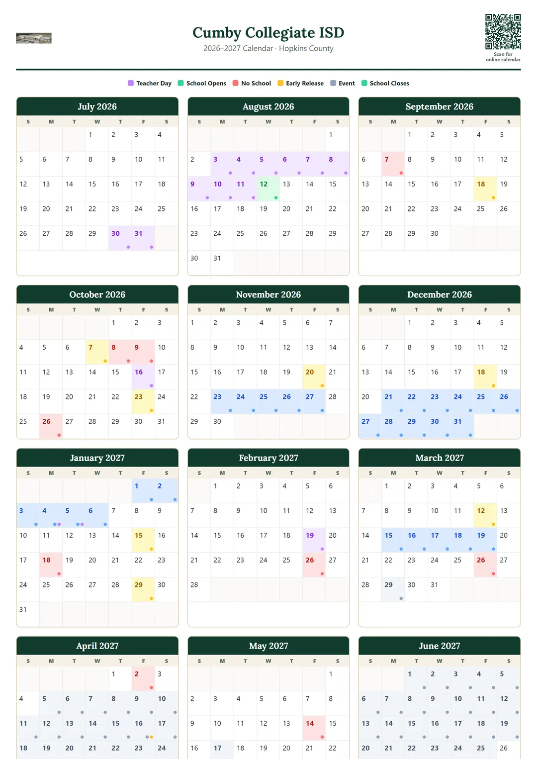 Cumby Collegiate ISD printable 2026–2027 calendar