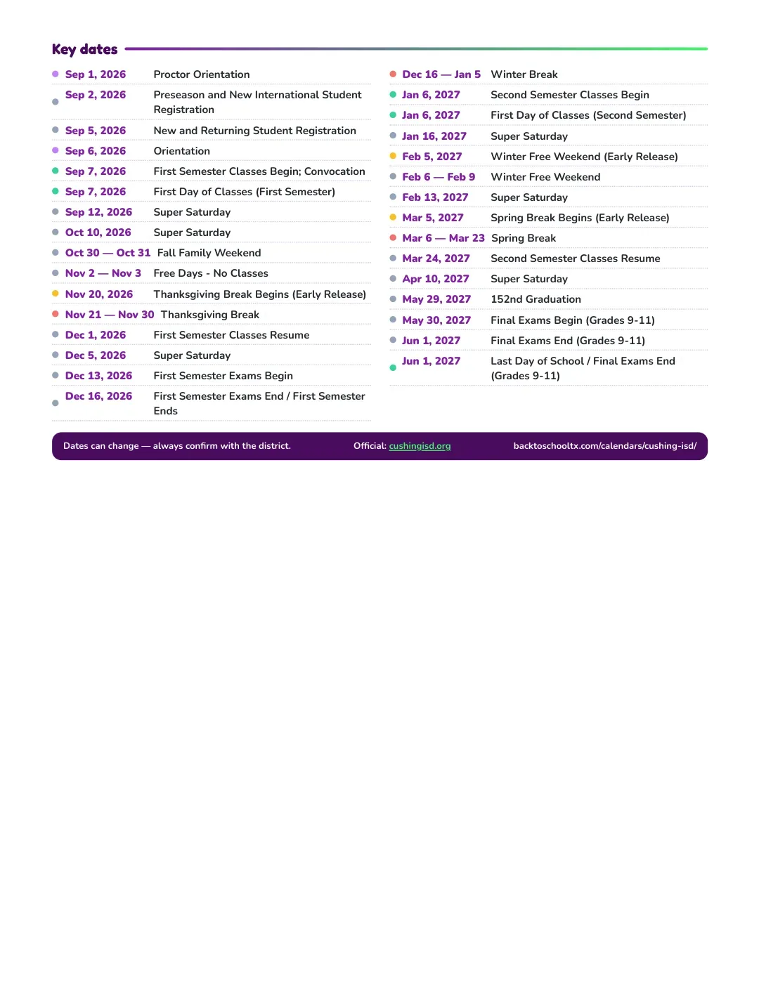 Cushing ISD Calendar for the Year 26-27 — key dates