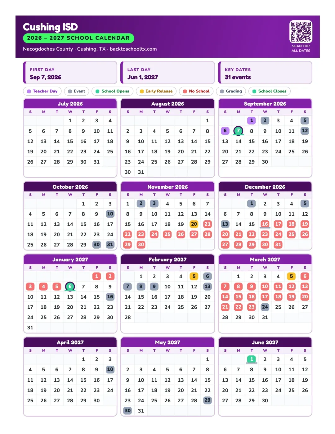 Cushing ISD Calendar for the Year 26-27