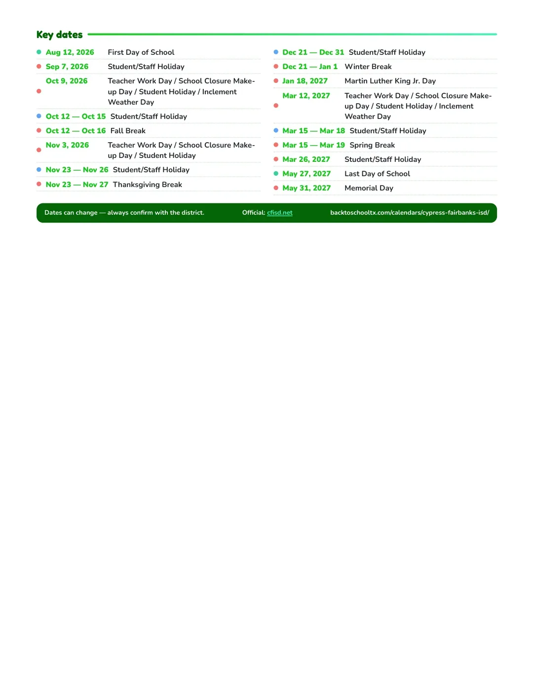 Cypress-fairbanks ISD Calendar for the Year 26-27 — key dates