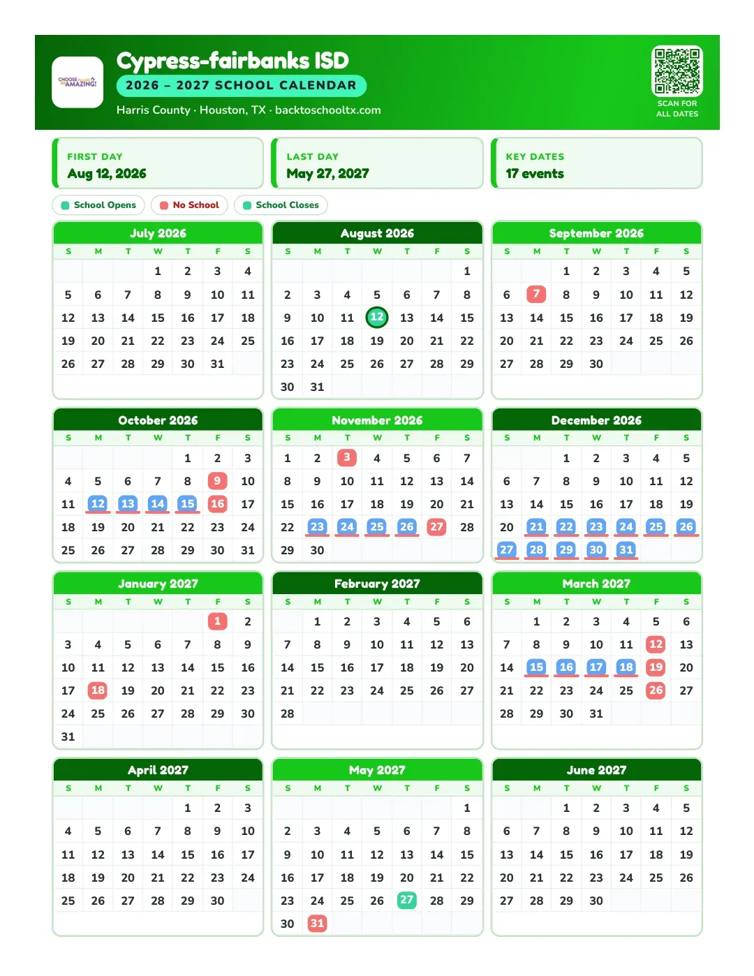Cypress-fairbanks ISD Calendar for the Year 26-27