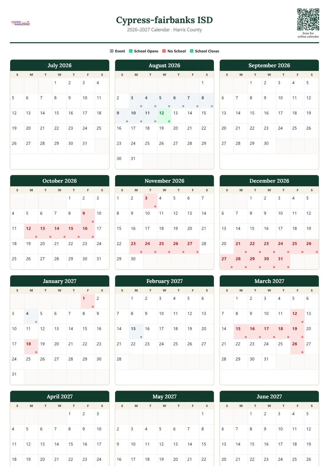 Cypress-fairbanks ISD printable 2026–2027 calendar