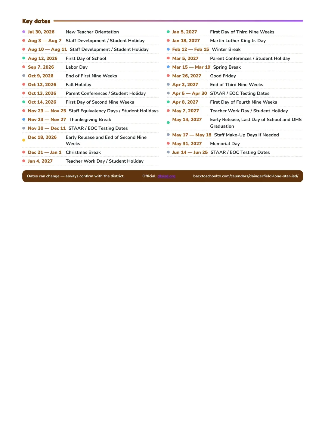 Daingerfield-lone Star ISD Calendar for the Year 26-27 — key dates
