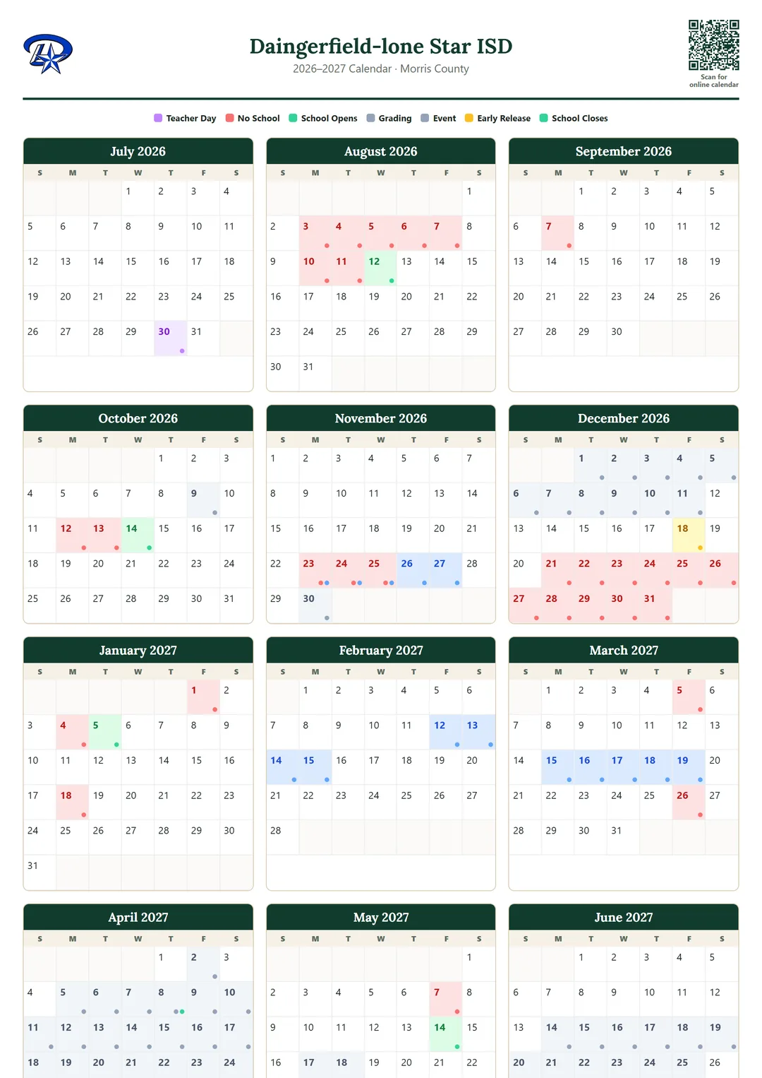 Daingerfield-lone Star ISD printable 2026–2027 calendar