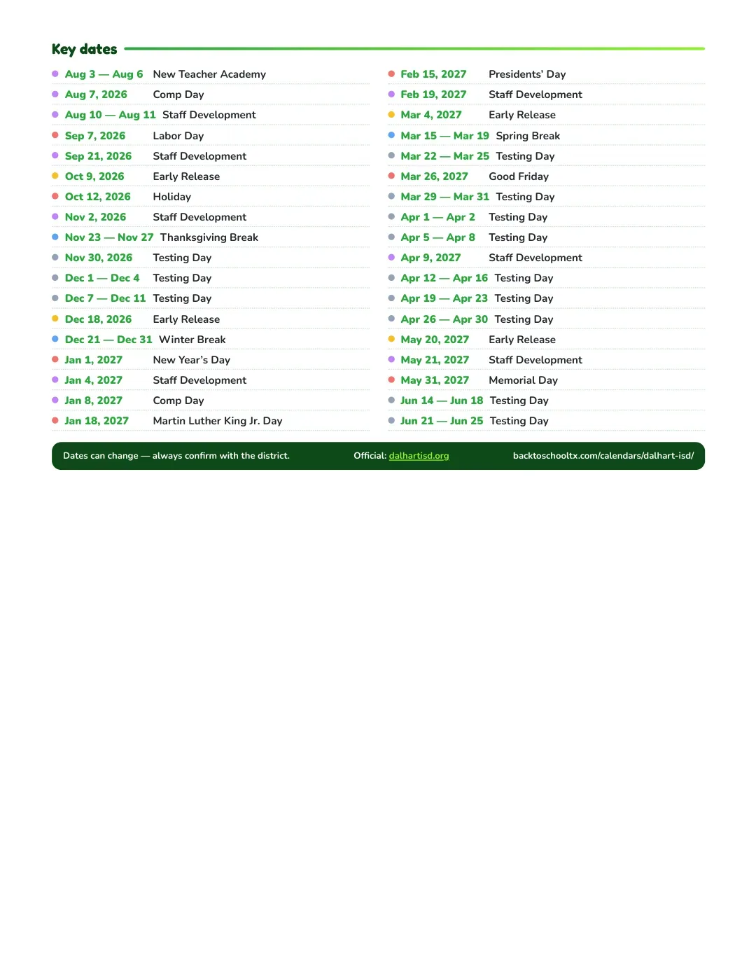 Dalhart ISD Calendar for the Year 26-27 — key dates