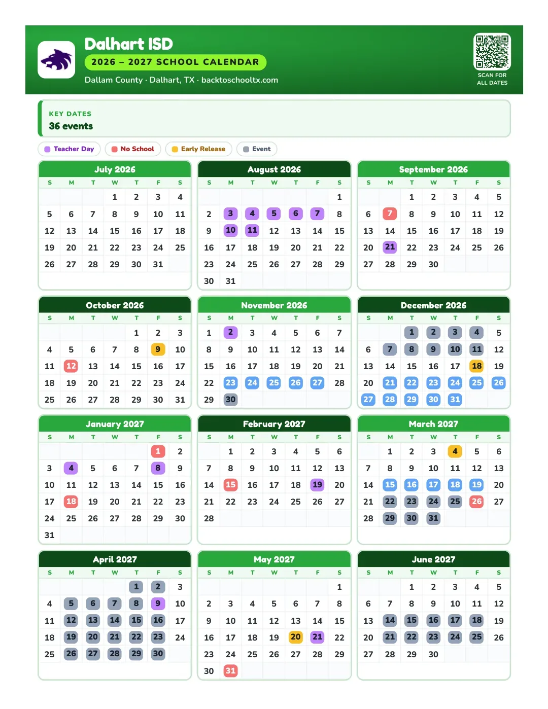 Dalhart ISD Calendar for the Year 26-27