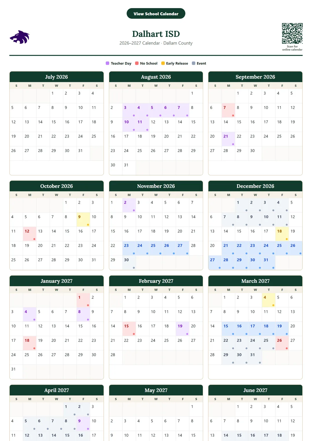 Dalhart ISD printable 2026–2027 calendar