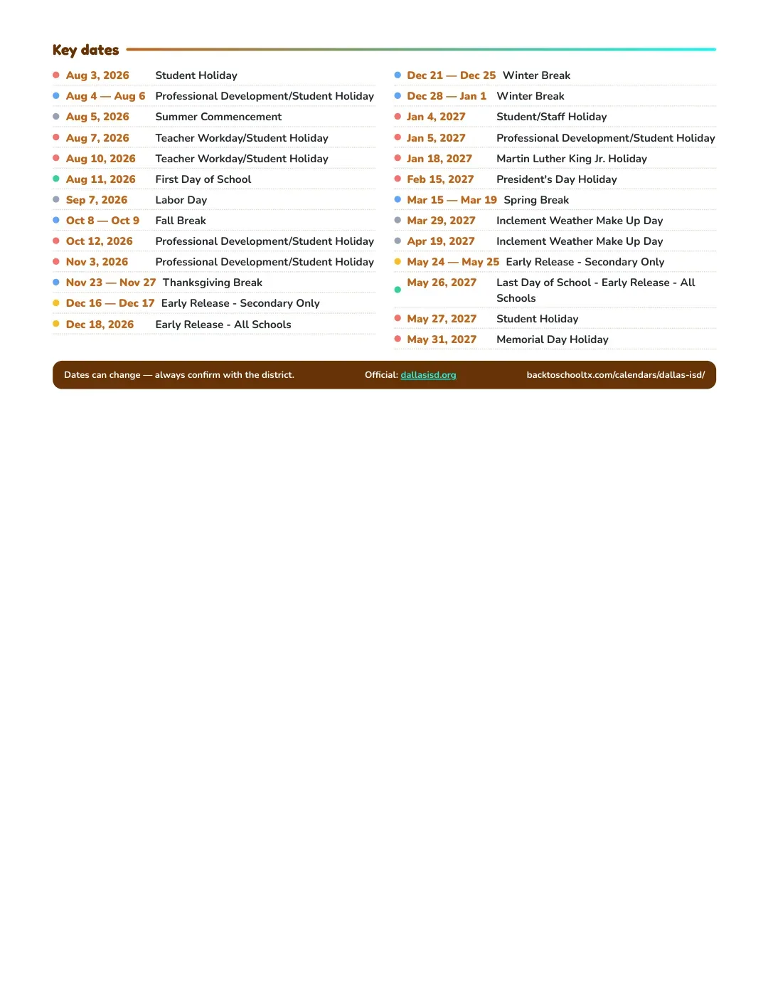 Dallas ISD Calendar for the Year 26-27 — key dates