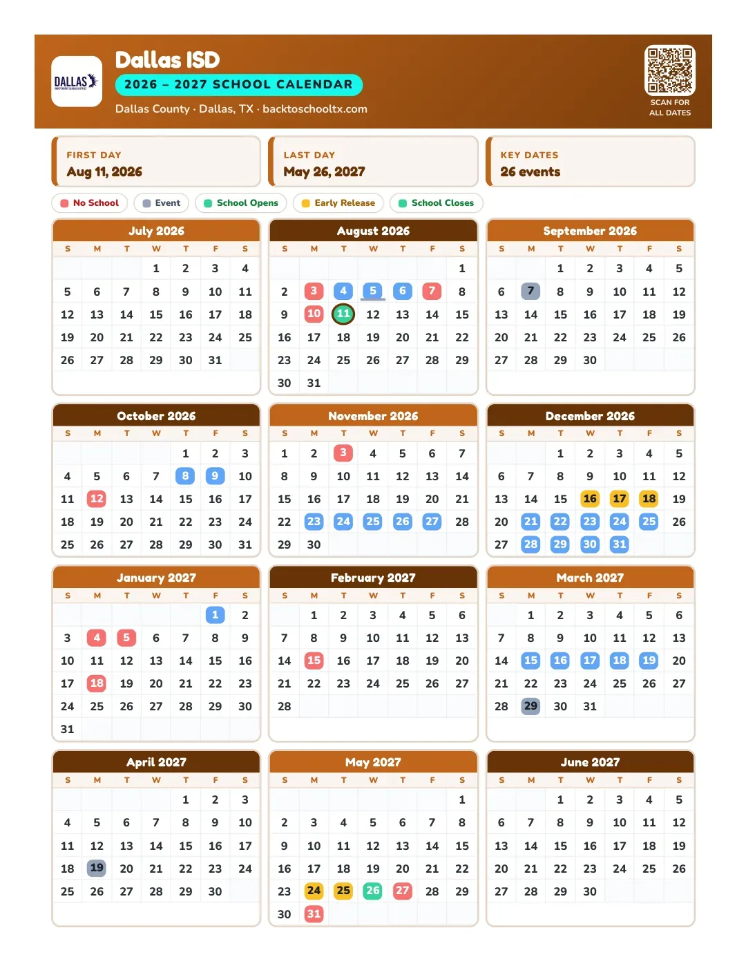 Dallas ISD Calendar for the Year 26-27