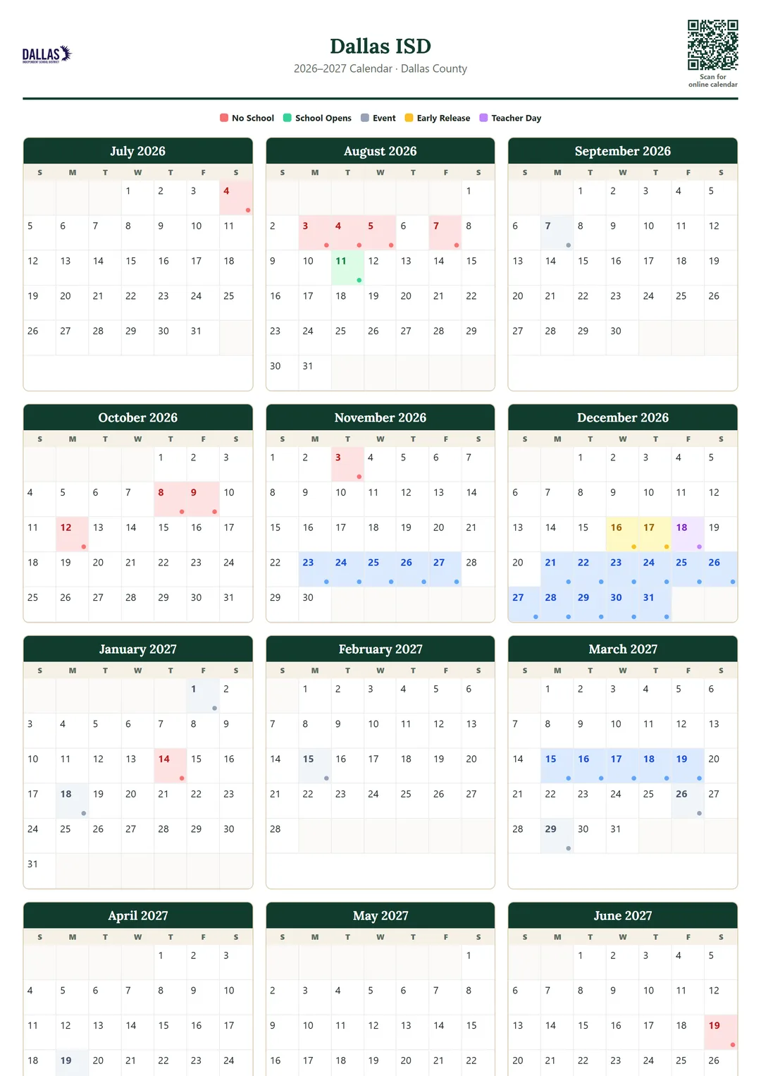 Dallas ISD printable 2026–2027 calendar