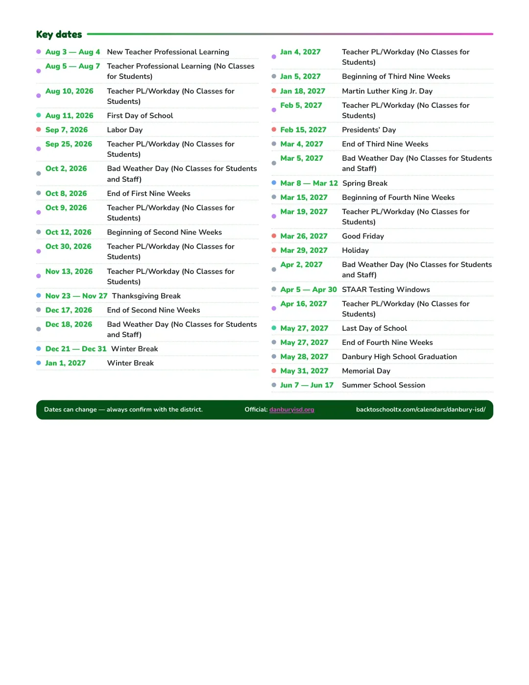Danbury ISD Calendar for the Year 26-27 — key dates