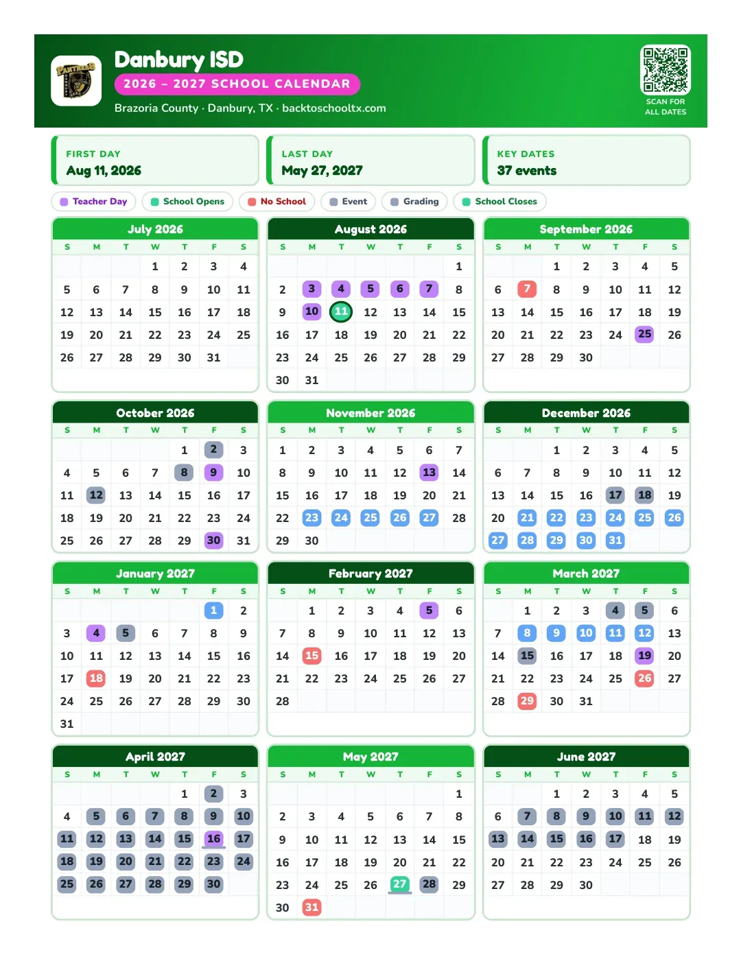 Danbury ISD Calendar for the Year 26-27