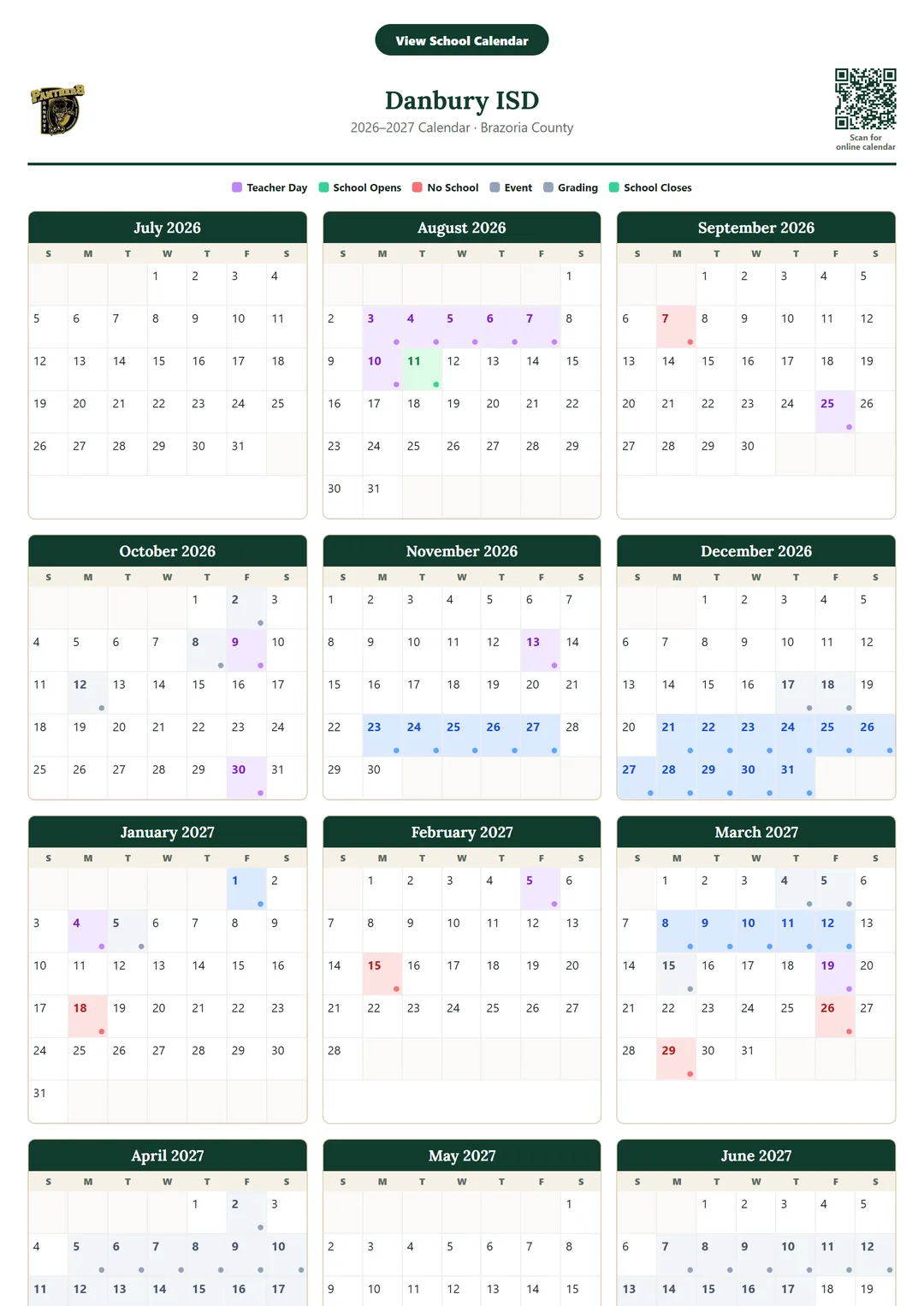 Danbury ISD printable 2026–2027 calendar