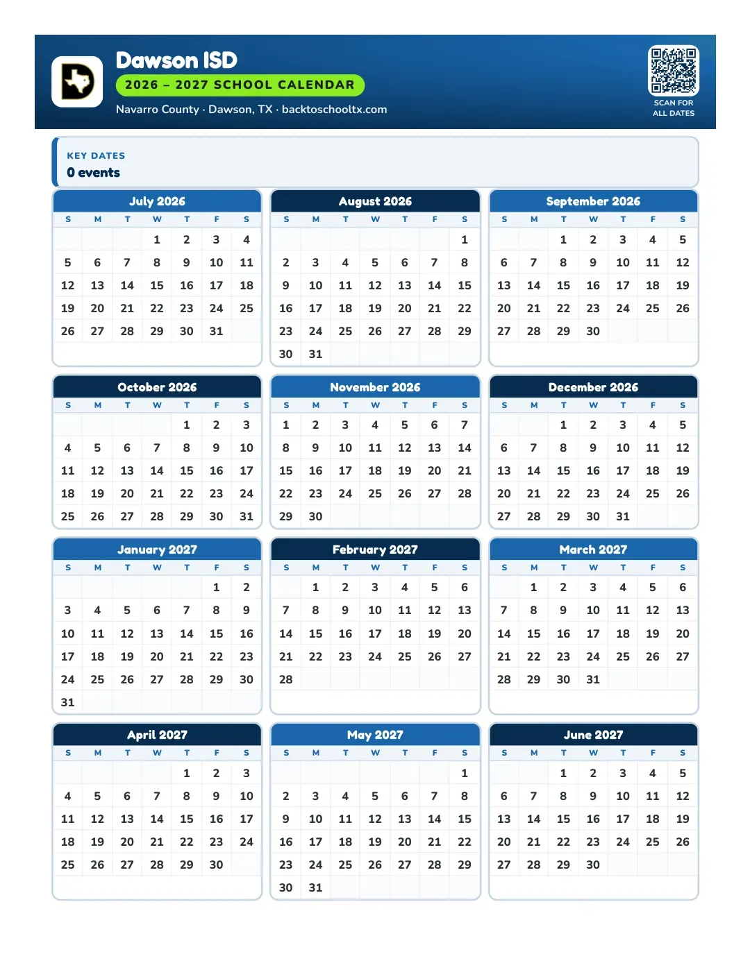 Dawson ISD Calendar for the Year 26-27