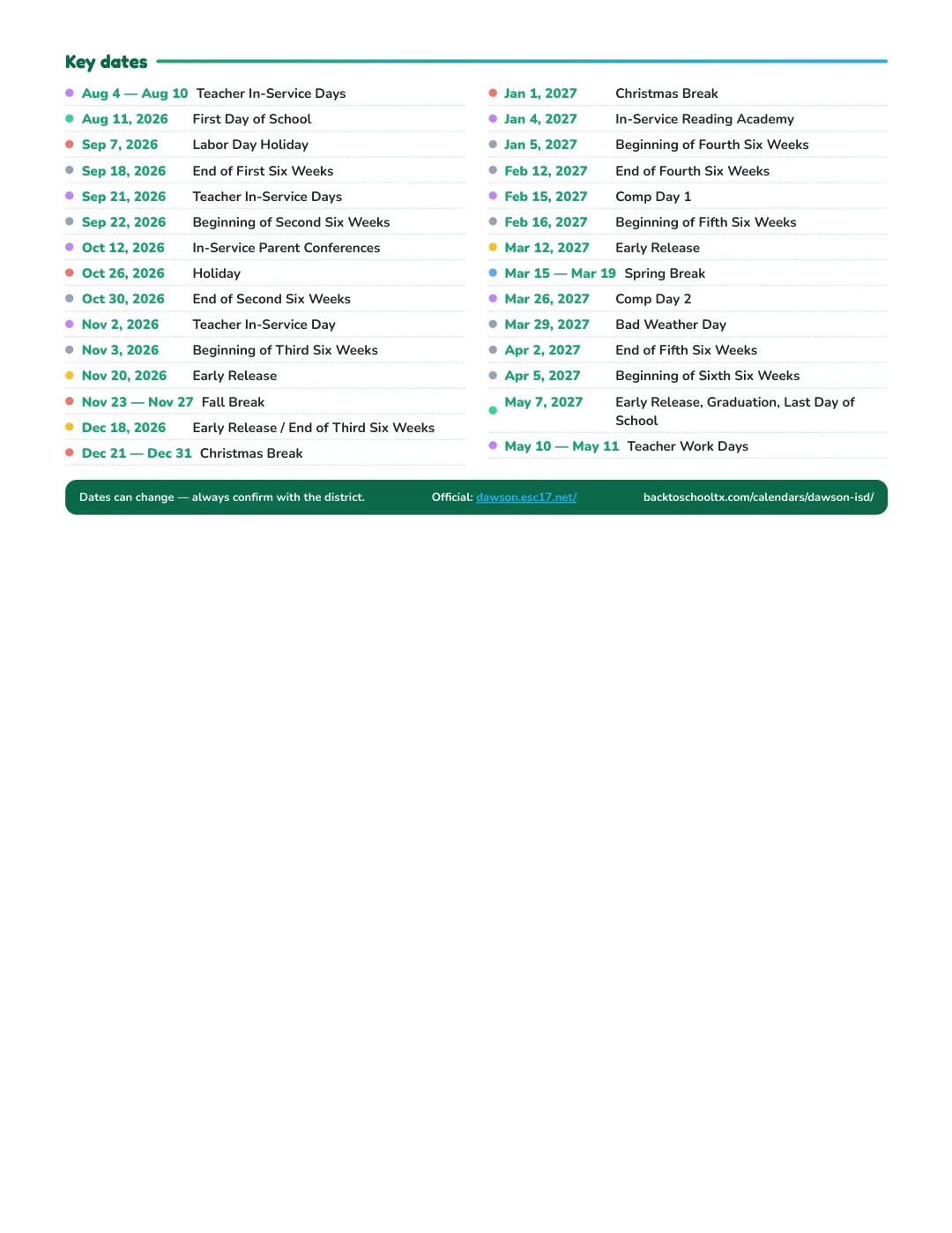 Dawson ISD Calendar for the Year 26-27 — key dates