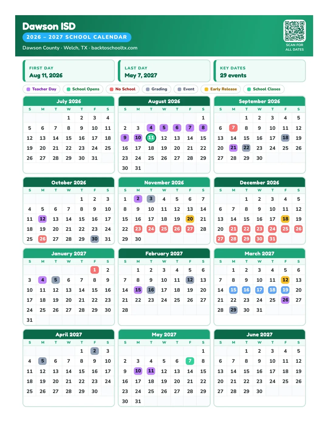 Dawson ISD Calendar for the Year 26-27