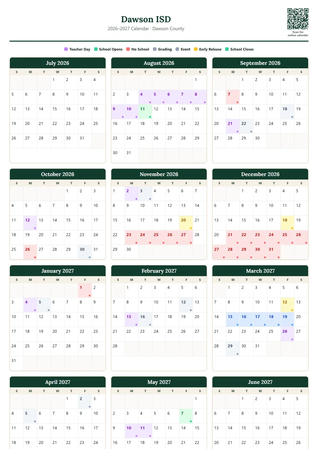 Dawson ISD printable 2026–2027 calendar