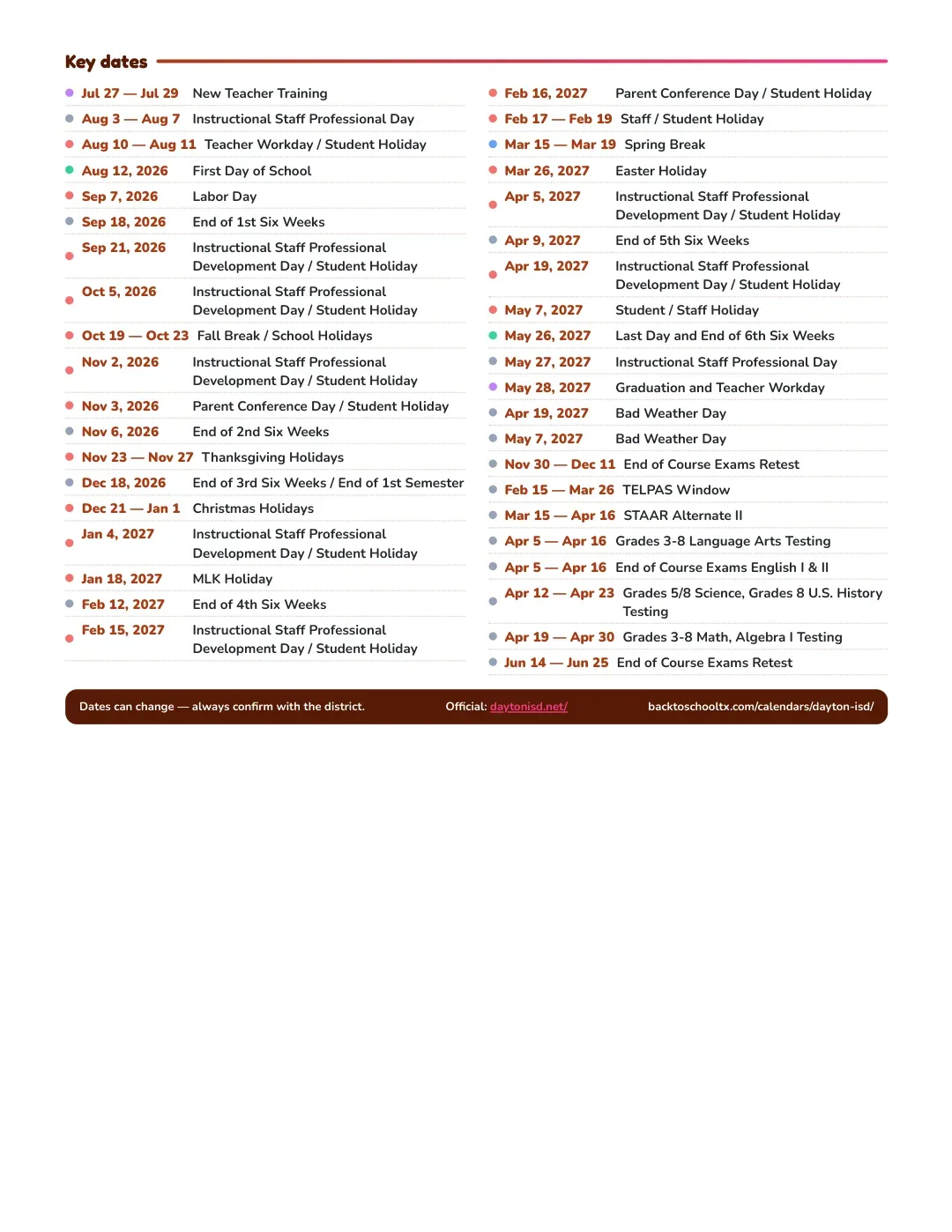 Dayton ISD Calendar for the Year 26-27 — key dates
