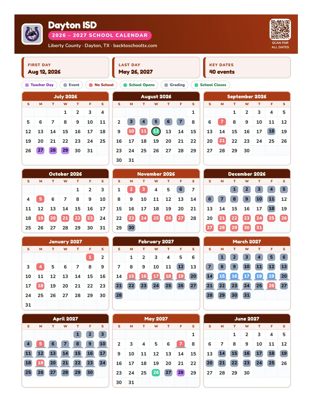 Dayton ISD Calendar for the Year 26-27