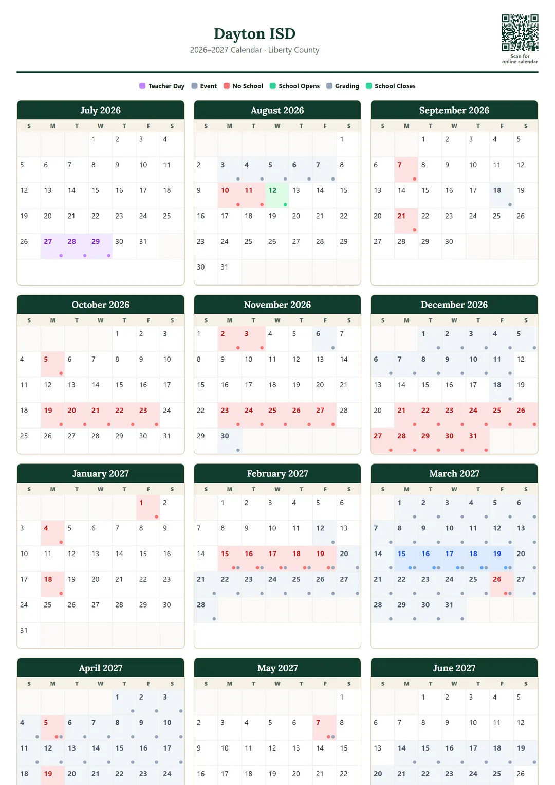 Dayton ISD printable 2026–2027 calendar