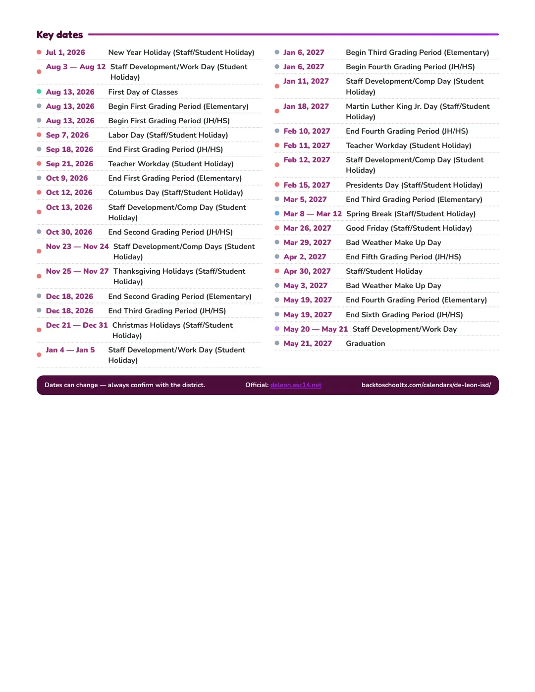 De Leon ISD Calendar for the Year 26-27 — key dates